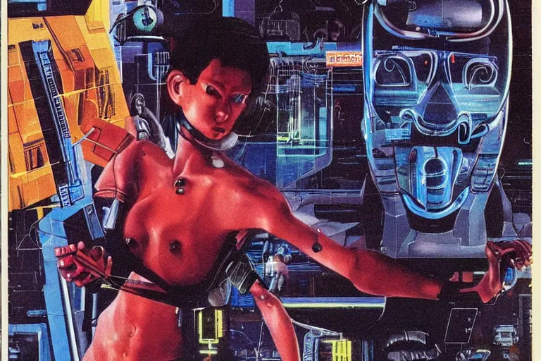 Prompt: 1979 OMNI Magazine Cover of a black market cybernetic augmentation surgery. Cyberpunk Akira style by Vincent Di Fate