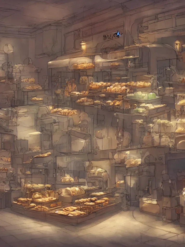 Image similar to bakery by disney concept artists, blunt borders, rule of thirds