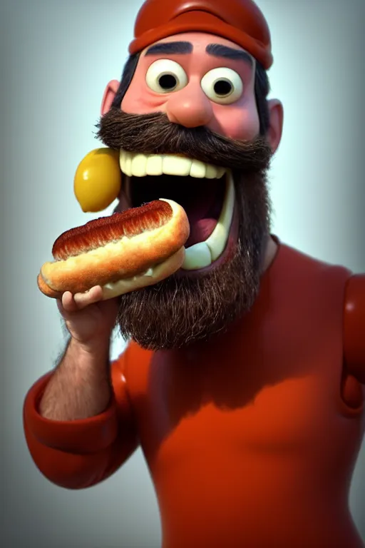 Image similar to pixar bearded man holding a hot dog, laughing, brown eyes, happy | glamorous oily soft polished rich ornate modern | weta disney pixar movie still photo | hi - fructose, sci fi fantasy, smooth, octane render, sharp focus, artstation, concept art | artgerm, mucha, rutkowski, feng zhu, wlop, loish