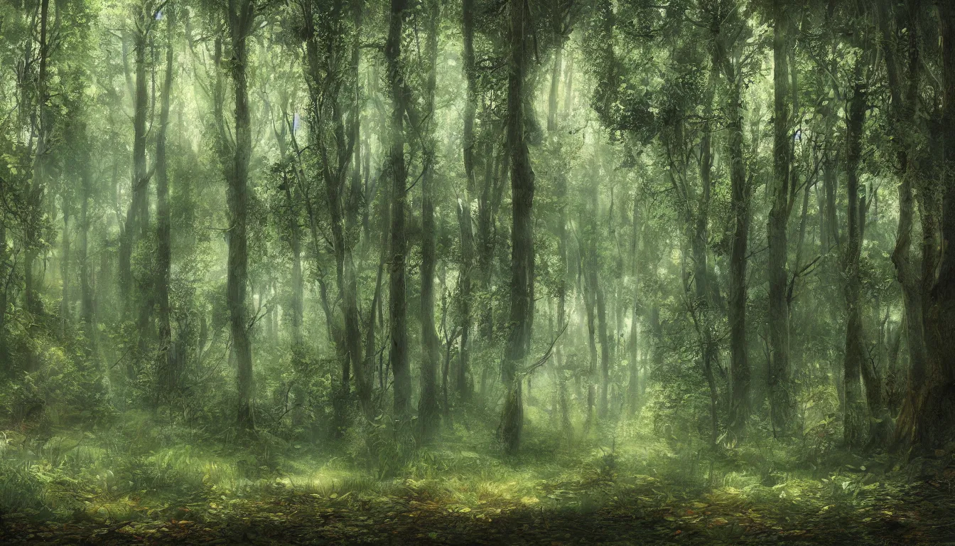 Prompt: a clearing in a forest, digital art, highly detailed, realistic, bright colors, 8 k, trending on arstation