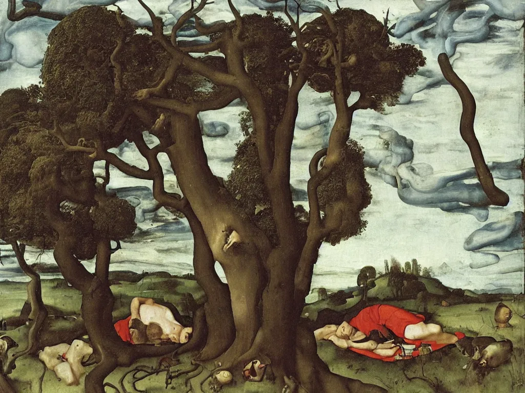 Prompt: Man sleeping near a charred oak tree. Thunderstorm in the background, death roaming about. Painting by Hans Memling