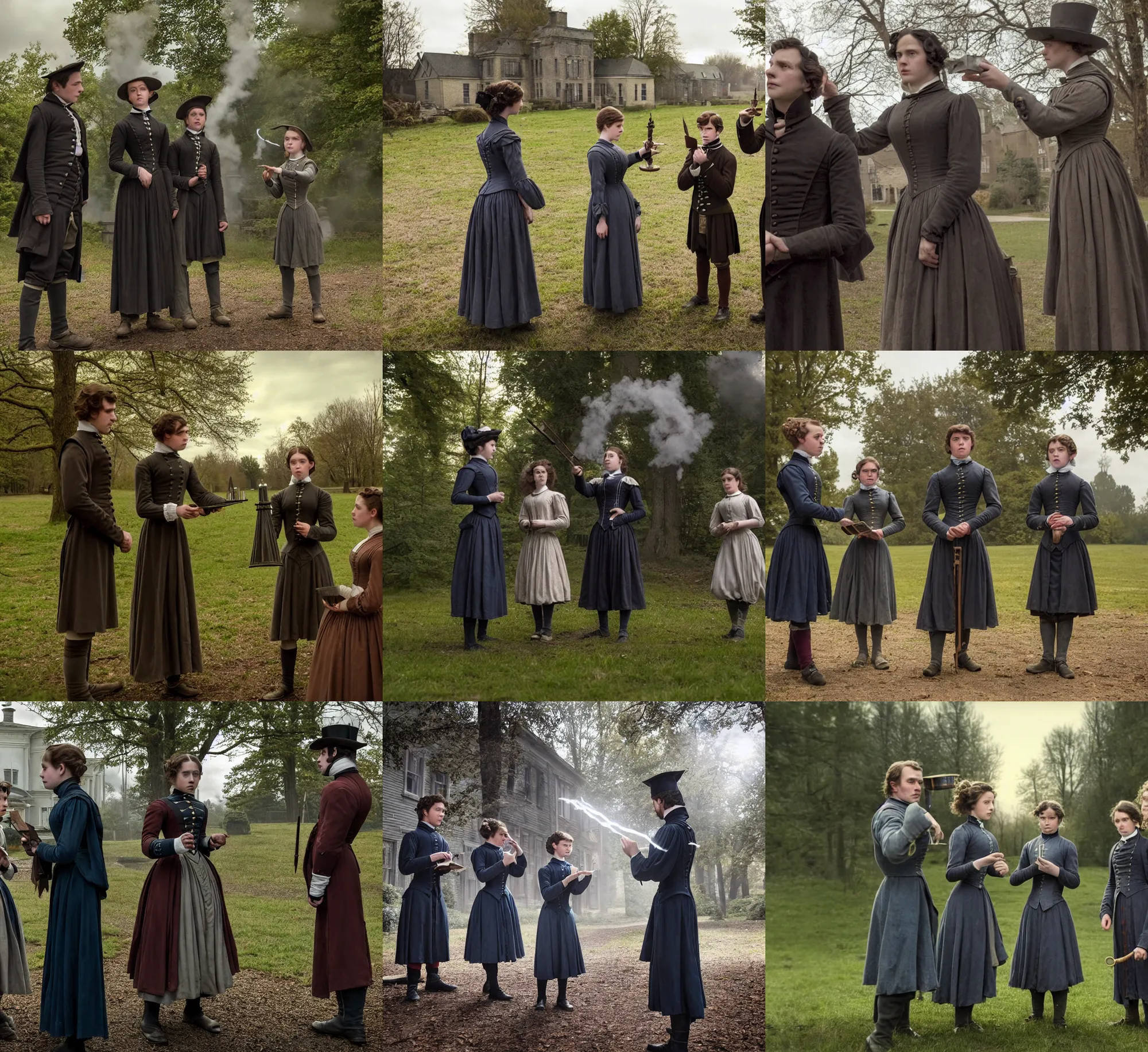 Prompt: sharp lens, detailed, film still from a 2 0 1 9 sci fi 8 k movie, set in 1 8 5 0 in an alternate universe, mid distant shot of three students practicing magic, outside the school of magic, wearing 1 8 5 0 s clothes, atmospheric lighting, in focus, reflective eyes, 3 5 mm macro lens, live action, nice special effects, nice composition