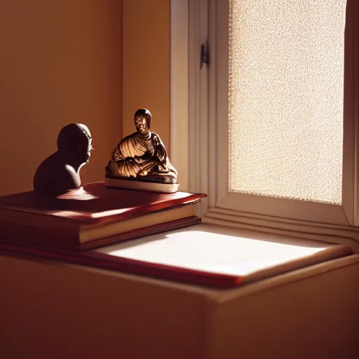 Image similar to wide angle photo, cozy room with window light, mirror and statuette of hotei and open book with jesus picture on a table, hyperrealism, light color, no hard shadow, pastel colours, polaroid photo