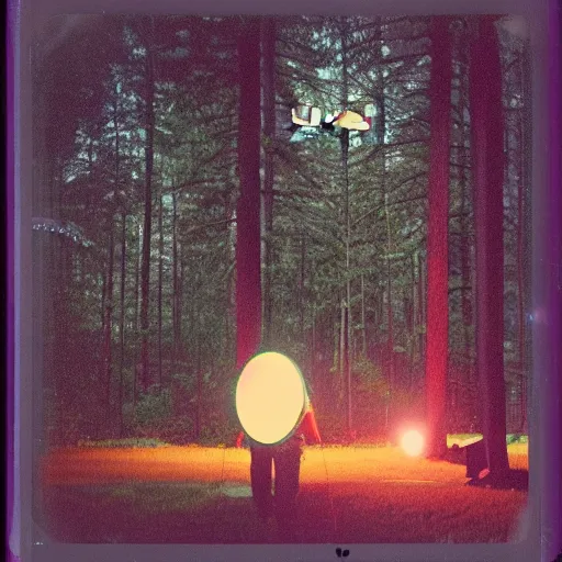 Image similar to a sleek round aircraft with glowing lights flying over a forest at night, old polaroid, expired film,