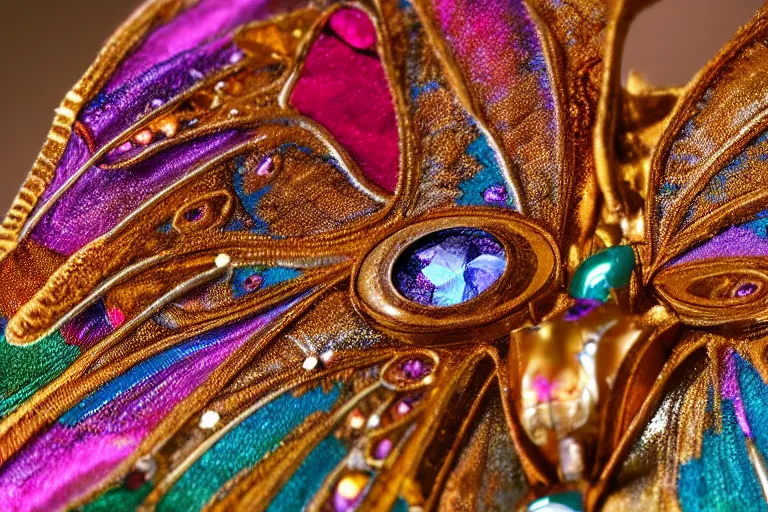 Prompt: beautiful macro photograph of a bejeweled mechanical butterfly with silk wings | extreme closeup | intricate embroidery | diaphanous silk | deep rich colors | unreal engine | featured on Artstation