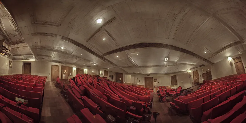 Image similar to a dimly lit, theater hall, 3 doors, 1 staircase, day of the tentacle style, fish eye