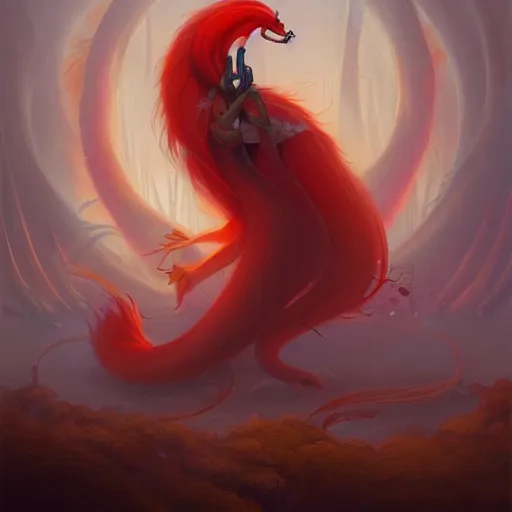 Image similar to prompt A beautiful red orange kumiho, concept art, matte painting, by Peter Mohrbacher