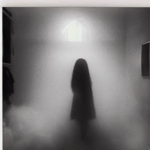 Image similar to you are lost in the backrooms, ghost, polaroid, laminal space, foggy