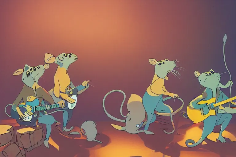 Prompt: rats playing in a rock band inspired by the beatles, beautiful, dreamlike, wholesome, ghibli and disney animation, sharp, intricated, art by ken anderson and mel shaw, bloom, dramatic lighting, brown palette,