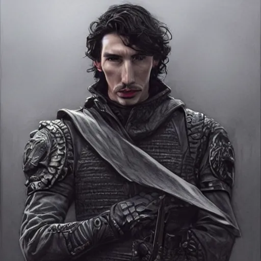 Prompt: portrait of stoic king adam driver with his queen john oliver, full body, military uniform, fantasy, intricate, elegant, beautiful, highly detailed, charcoal, centered, dark, smokey, digital painting, artstation, concept art, smooth, sharp focus, illustration, art by artgerm and greg rutkowski and alphonse mucha