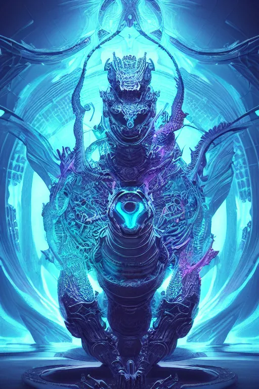 Image similar to a centered render of an ancient futuristic dragon with digital modifications surrounded by a underwater ink pour and flowing liquid gallium and complex sacred geometry, agressive stance, powerful, cinematic, beautifully lit, by beeple, by artgerm, by karol bak, 3 d, trending on artstation, octane render, 8 k