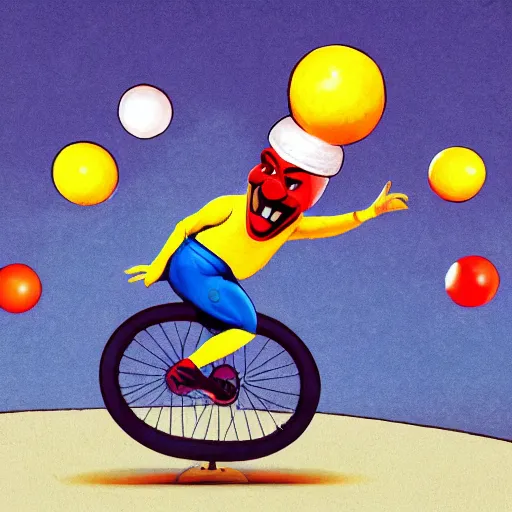 Prompt: funny clown riding a unicycle while juggling bowling pins, concept art, illustrated, highly detailed, high quality, bright colors, optimistic,