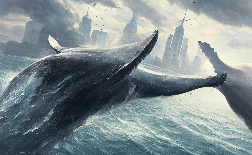 Image similar to flying whale attack Newyork city ,digital art,ultra realistic,ultra detailed, ultra wide Lens, art by greg rutkowski