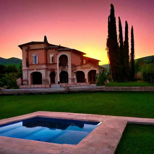 Prompt: big italian villa on top of hill sunset
