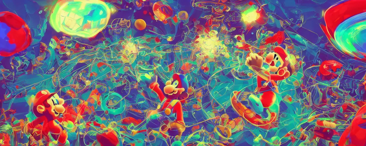 Image similar to glichy red blue green illustration super mario as real human having psychedelic trip on mushrooms shamanic atmosphere machground with chemical molecules structures. hypnotic fractals spirals. by sachin teng and sergey kolesov and ruan jia and heng z. graffiti art, scifi, fantasy, hyper detailed. octane render. concept art. trending on artstation