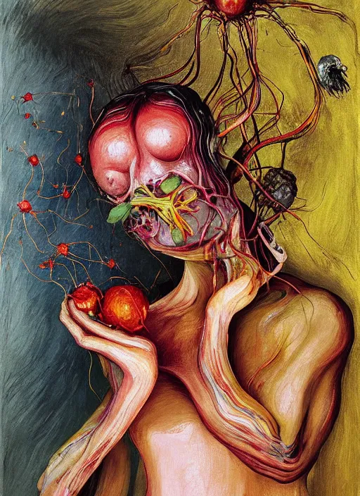 Image similar to Oil painting - She Eats of the Strangling Fruit and Her gossamer polyp blossoms bring iridescent fungal flowers whose spores like cordyceps black the foolish stars by Lucian Freud and Jenny Saville, Abstract brush strokes, Masterpiece, Edward Hopper and James Gilleard, Zdzislaw Beksinski, Mark Ryden, Wolfgang Lettl highly detailed, hints of Yayoi Kasuma