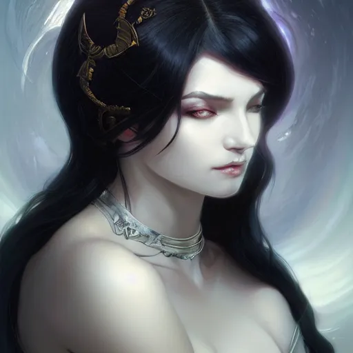 Image similar to Portrait of an Immortal Astral Succubus with platinum black hair as 2B, asian, D&D, fantasy, intricate, elegant, highly detailed, digital painting, artstation, concept art, matte, sharp focus, illustration, art by Artgerm and Greg Rutkowski and Alphonse Mucha