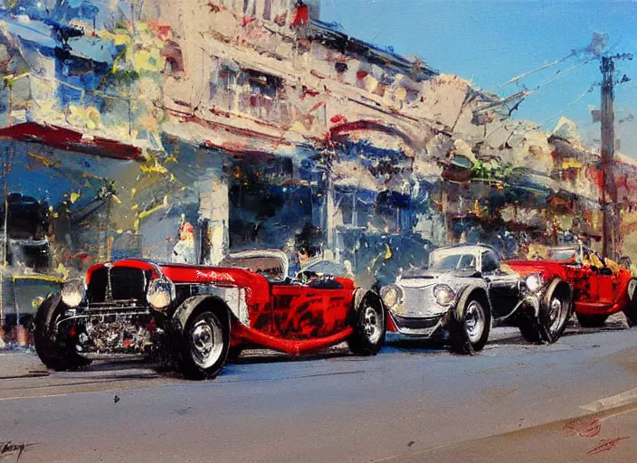 Image similar to 5 hotrods driving down a street , vintage, highly detailed, loose brush strokes, by John Berkey