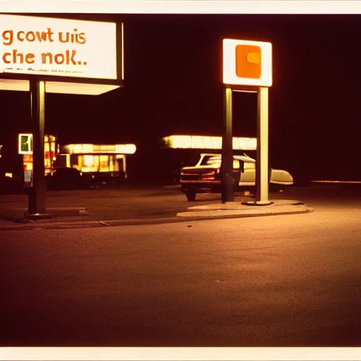 Image similar to a cinestill photography, it's night, the city is quiet, a car is parked at the last gas station at the edge of town, in the darkness eyes watch us, cinestill 800