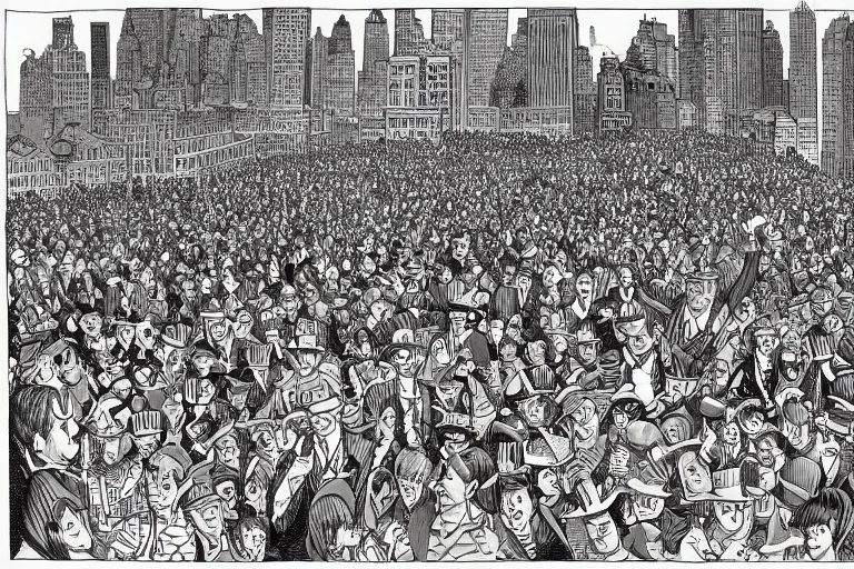 Image similar to an elaborate penned illustration of a convention of waldo's in nee york city and central park, where's wally, where's waldo, by martin hand ford and by jan van haasteren