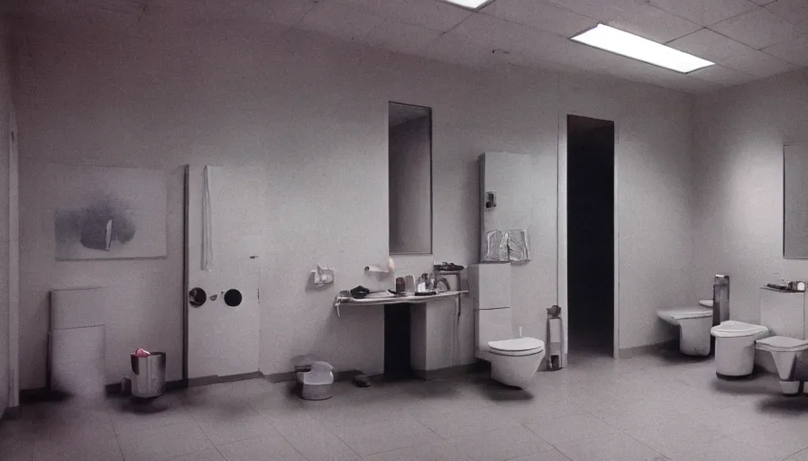 Prompt: 60s movie still of an empty wide bathroom with 4 toilets, cinestill 800t 50mm eastmancolor, liminal Space style, heavy grain