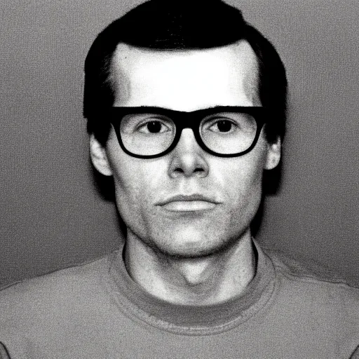 Prompt: A mugshot portrait of a man who looks like Jerma985 with short length wavy hair and a slightly receded hairline and a side part, has navigator glasses and wearing mid 1980s menswear in the late 1980s, taken in the late 1980s, grainy, realistic, hyperrealistic, very realistic, highly detailed, very detailed, extremely detailed, detailed, trending on artstation, front facing, front view, headshot and bodyshot, detailed face, very detailed face