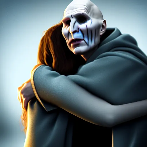 Image similar to voldemort hugging hermione, stylized, artstation, hd, cgsociety, cgi, realistic, dramatic, cinematic, artistic, trending, detailed