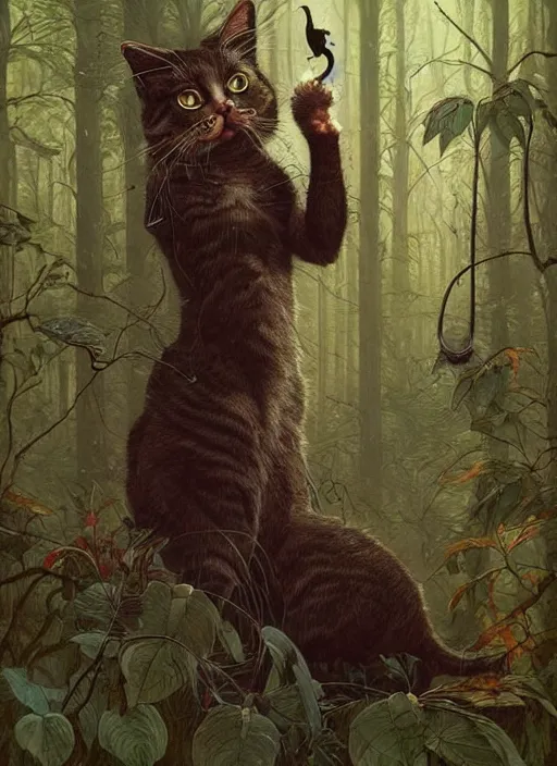 Prompt: a hyper realistic cat witch in the woods gorgeous lighting, k _ lms lush forest foliage painting by chiara bautista and beksinski and norman rockwell and greg rutkowski weta studio, and lucasfilm