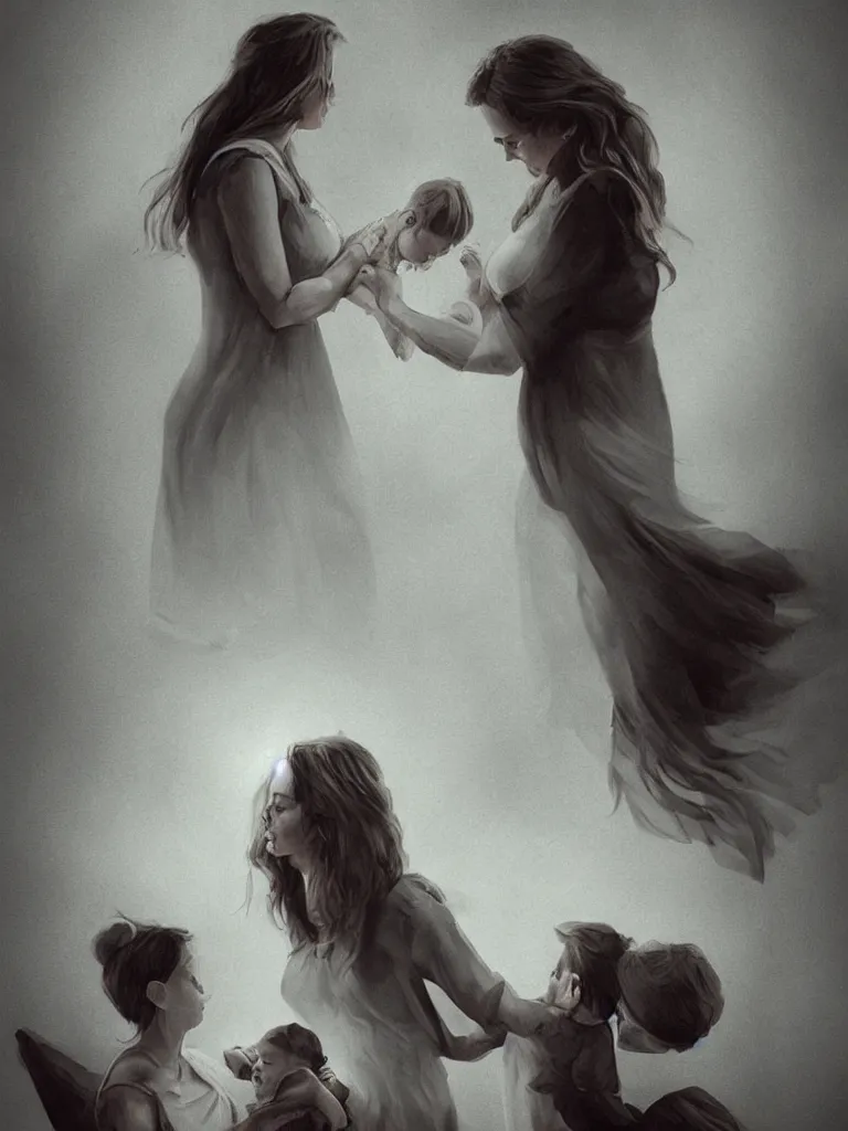 Prompt: motherhood, illustration, concept art, dramatic lighting, emotional, blunt borders, rule of thirds