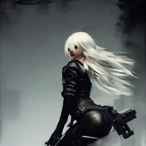 Image similar to painting of yorha no. 2 type a wearing skintight leather jacket holding a gun, by jeremy mann, fantasy art, dynamic lighting, artstation, poster, volumetric lighting, 4 k, award winning