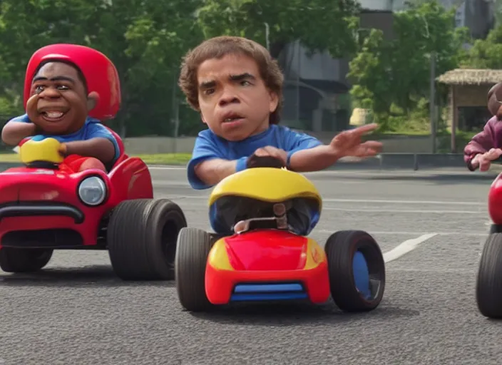 Image similar to peter dinklage racing gary coleman driving a little tikes cars, movie still, from the new fast and furious movie, 8 k, realistic