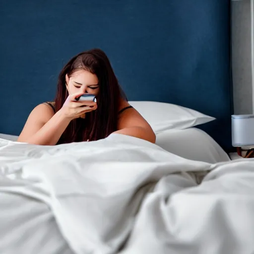Image similar to young woman with cinnamon colored skin and dark blue hair on her phone under the white sheets on her white bed, masterpiece , Corporate Memphis , award winning. Post-processing