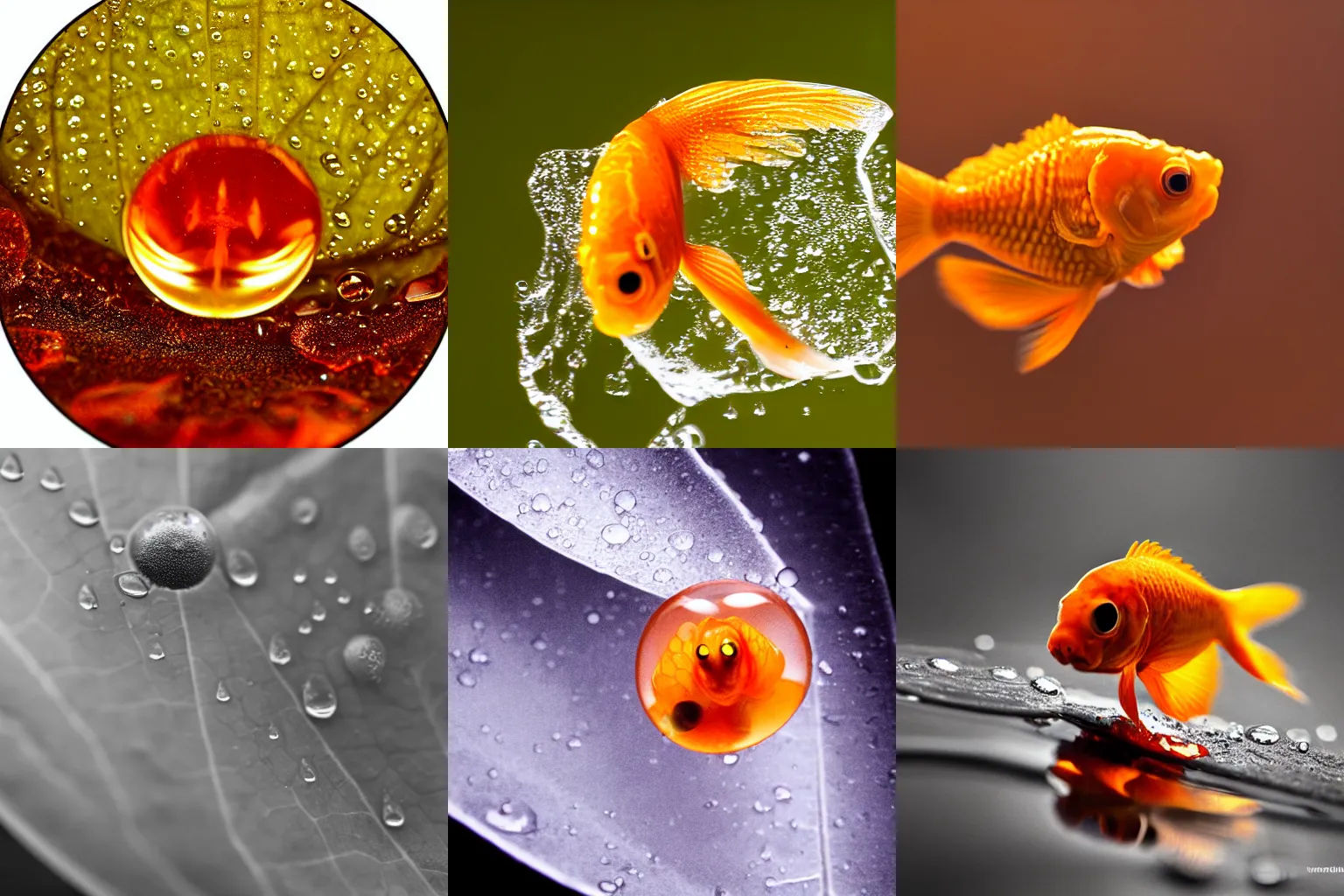 Prompt: extreme macro photography : ( subject = goldfish encased inside a water droplet + subject detail = water droplet on a leaf ), zeiss macro lens f / 1 1 aperture