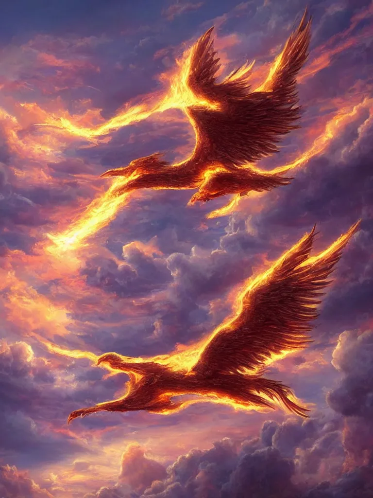 Prompt: A golden fire-burning phoenix flying in the clouds, A beam of holy light hits the phoenix，fantasy matte painting，rich colors, high details，Flame effect，light effect，by Jonas De Ro and John Pitre，trending on cgsociety and artstation，Film Lighting，8kHDR，unreal engine， Houdini particle effects，Epic scenes