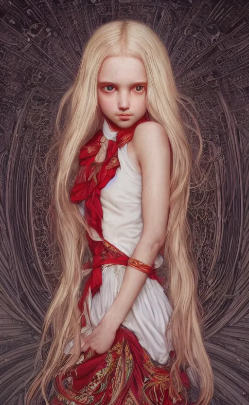 Image similar to full body shot of a young girl with blond twin tail hair and red eyes standing in front of a white wall, intricate details, eerie, highly detailed, photorealistic, octane render, 8 k, unreal engine, art by artgerm and greg rutkowski and alphonse mucha