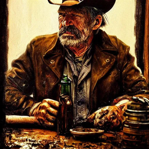 Image similar to modern stylized oil painting portrait of wrinkled and rugged cowboy, dirty and muddy with worker clothes at table with bottle in western saloon, 1890, masterpiece, realistic and detailed, artstation, interesting artificial spotlight lightning, cinematic, dramatic