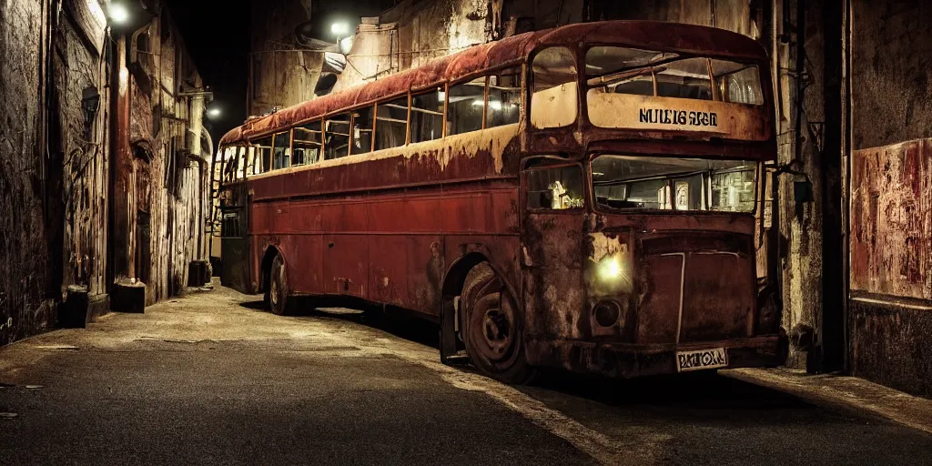 Image similar to a widescreen photo of a old rusty double - decker bus in a dark alley, low light, by steve mccurry