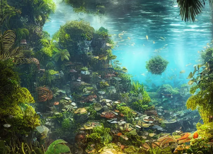 Image similar to overgrown foliage overtaking favela, underwater environment, scenery, professional, award - winning, trending on artstation, detailed, realistic, beautiful, emotional, shiny, golden, picture