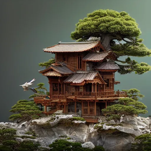 Image similar to stunningly beautiful sculpture of heavenly bonsai house made of marble and intricate wood carving by ellen jewett, deep colour, fireflies everywhere, octane render 4 k