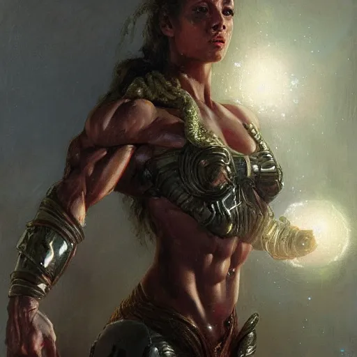 Image similar to : beautiful portrait of a alien amazonian woman bodybuilder posing, radiant light, caustics, war hero, metal gear solid, by gaston bussiere, bayard wu, greg rutkowski, giger, maxim verehin