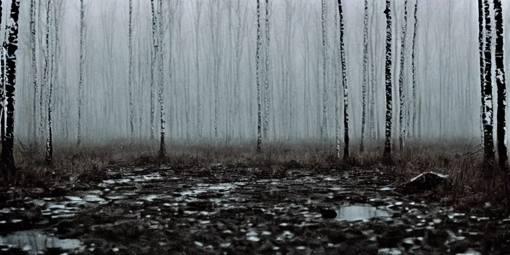 Prompt: movie still by tarkovsky, werewolf transforming, in a swamp snowy with birch forest backround, cinestill 8 0 0 t 3 5 mm b & w, heavy grain, high quality, noir, natural textures, photorealistic, ambient occlusion, hd, dof, mud, fog