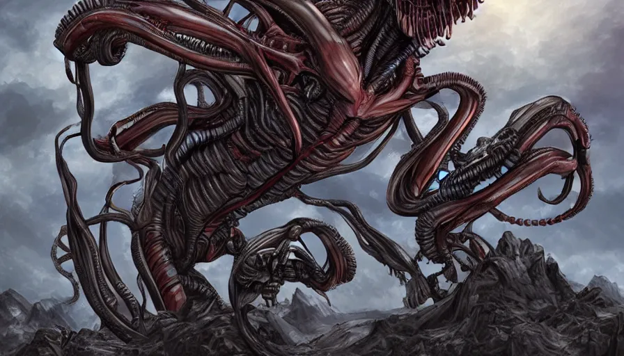 Prompt: a xenomorph standing on a mountain of skulls, heroic position, detailed digital art