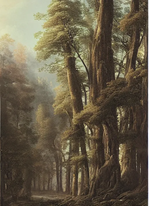 Image similar to a forest with very very tall trees, dense, epic atmosphere, by asher brown durand, by yoshitaka amano