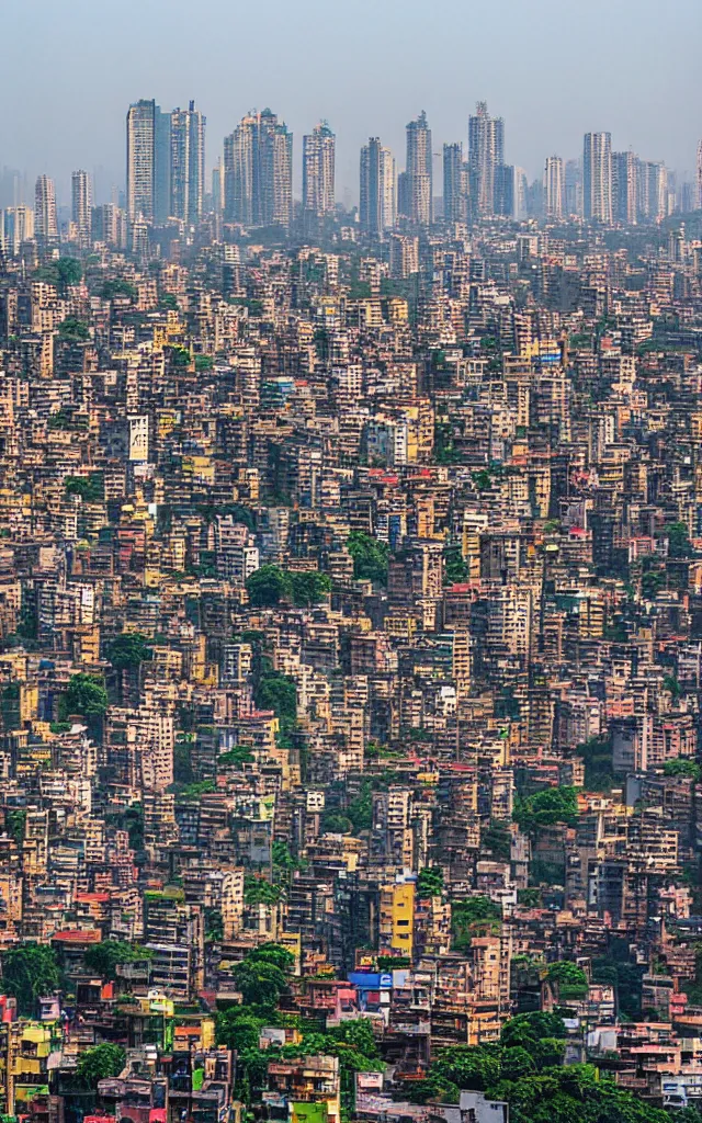 Prompt: photograph of mumbai in the future, india, urban buildings, street view