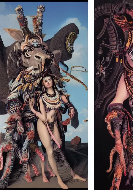 Image similar to Horizon zero dawn kali durga editorial by Wayne Barlowe designed by alexander mcqueen painted by caravaggio and by virgil finlay