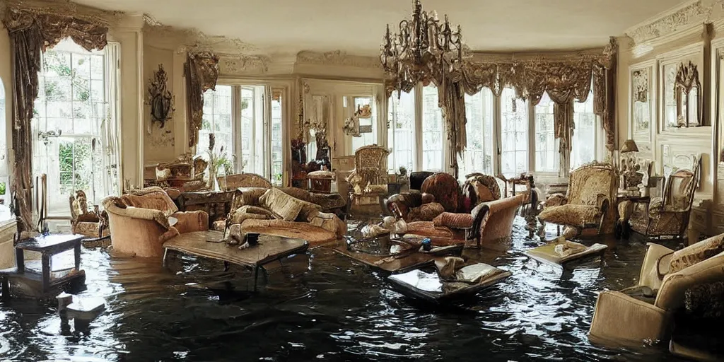 Prompt: decorative victorian livingroom flooded with water