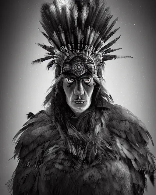 Image similar to headshot portrait of a raven shaman, dark mood, detailed, textured, realistic, unreal engine, cgsociety, cinematic lighting, concept art