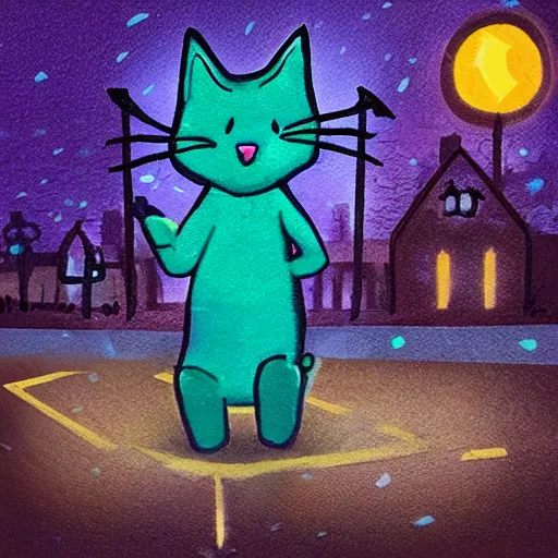 Prompt: cat on a wet street with glowing quest marker above, night time, quest marker, quest marker, quest marker, quest marker