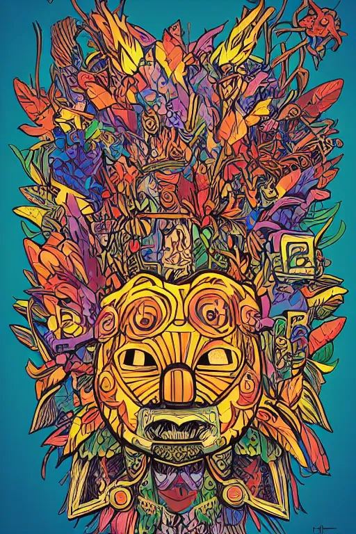 Image similar to animal mask totem roots flower tribal feather gemstone plant wood rock shaman vodoo video game vector cutout illustration vivid multicolor borderlands comics by josan gonzales and dan mumford radiating a glowing aura