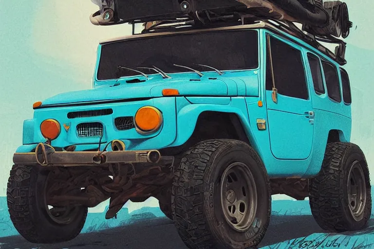 Image similar to digital illustration of a futuristic faded cyan mad max's fj 4 0 decrepit!!!! pursuit special, rusty!!! cyberpunk nissan fj cruiser heavily modded 1 9 9 0 s, the last v 8 interceptor by makoto shinkai, ilya kuvshinov, lois van baarle, rossdraws, basquiat